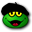 a green frog wearing a black hat with yellow eyes