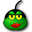 a green frog with yellow eyes and a black hat
