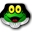 a green frog with yellow eyes and a black hat
