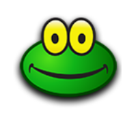 a green frog with two yellow eyes