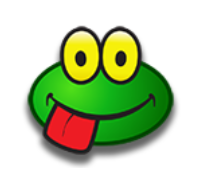 a green frog with yellow eyes and a red tongue