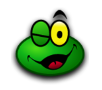 a green frog with yellow eyes and a black nose