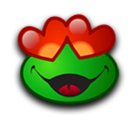 a green frog with red hearts on its head