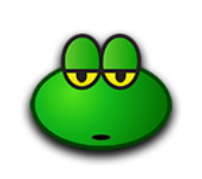 a green frog's face with yellow eyes