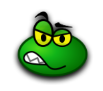 a green face with yellow eyes and a black nose