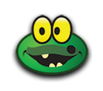 a green frog's face with yellow eyes