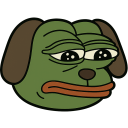 a green dog with a sad look on its face