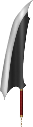 a large knife with a red handle on a black background