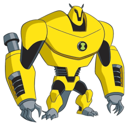 a yellow and black robot standing in front of a white background