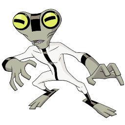 a cartoon character with yellow eyes and a white shirt