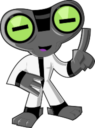 a black and white cartoon character with green eyes