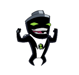 a black and white cartoon character with green eyes