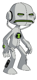 a cartoon robot with a green light on his face