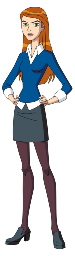 a woman in a blue shirt and skirt standing with her hands on her hips
