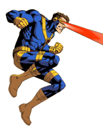 a man in a blue and yellow costume with a red bat