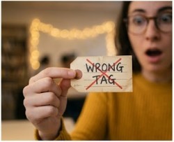 a woman holding up a sign that says wrong tag