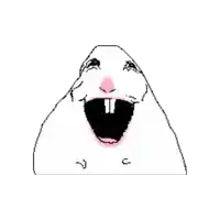 a white rabbit with its mouth open and it's tongue out
