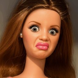 a close up of a doll with a surprised look on her face