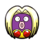 a purple and yellow cartoon character with big eyes