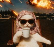 a cat sitting on a bench with a cup of coffee