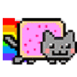 a pixeled image of a cat with a rainbow in the background