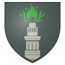 a coat of arms with a green flame on it