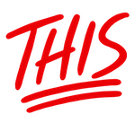 a red and black logo with the word this on it