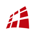 a red and white logo for a company