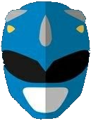 a blue and white mask with yellow eyes