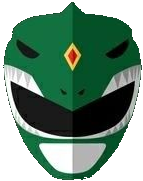 a green and white mask with sharp teeth