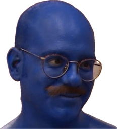 a blue man with glasses and a mustache