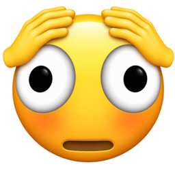 a yellow emoji with wide eyes and distorted face and hands on the top of its head