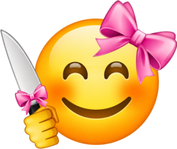 a smiley face with a pink bow holding a knife