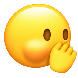 a yellow emoji smiley with a bulging cheek and fist over mouth