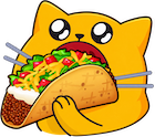 a cartoon cat holding a taco in its hand