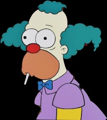 a cartoon character with a clown nose and green hair