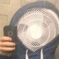 a person holding a cell phone in front of a fan