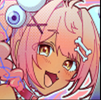a girl with pink hair and a cross on her chest