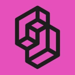a black and pink logo on a pink background