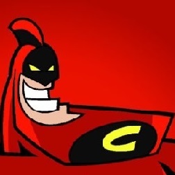 a cartoon character with a red cape and yellow eyes