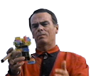 a man in an orange shirt is holding a toy