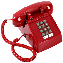 a red telephone with a cord attached to it