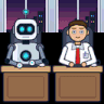 a man sitting at a desk in front of a robot