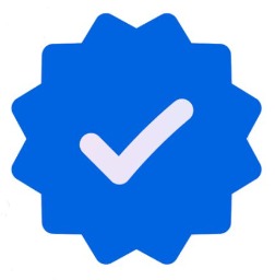 a blue seal with a check mark on it