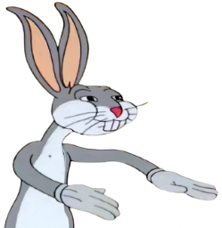 a cartoon rabbit pointing at something in the air