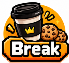 a cup of coffee and cookies with the word break