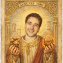 a painting of a man holding a gold medal